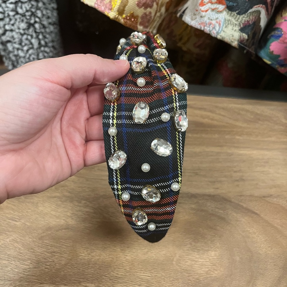 Brianna Cannon Elegant Plaid Headband with Gemstone and Pearl Accents